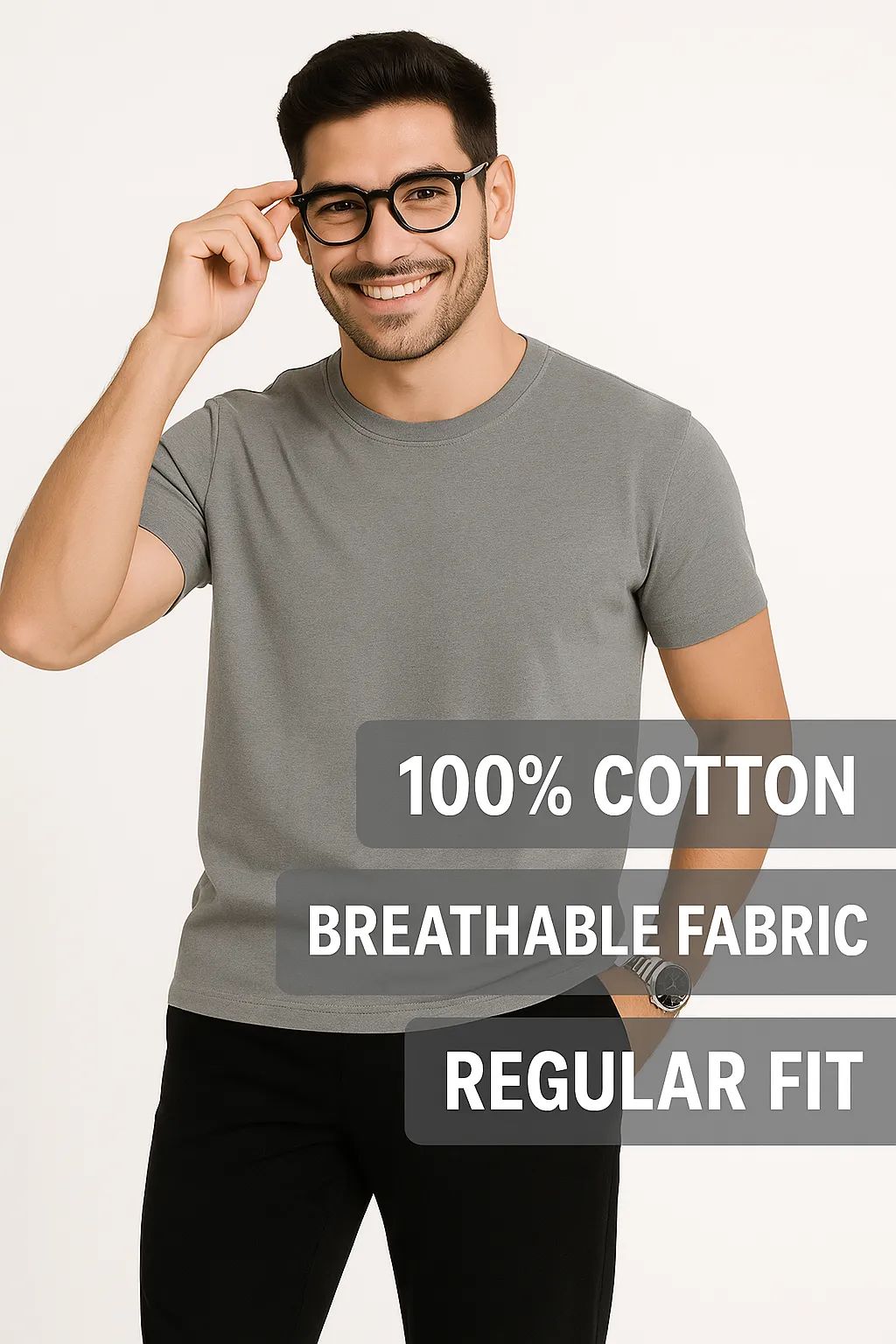  Men's 100% Pure Cotton Solid Grey T-Shirt | Round Neck | Regular Fit | Summer Casual Wear
