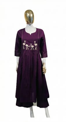 Grape Purple Flared Kurta with Flamingo Embroidery & Palazzo Set