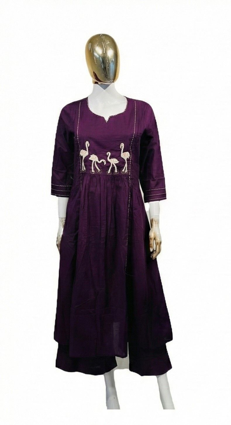 Grape Purple Flared Kurta with Flamingo Embroidery & Palazzo Set