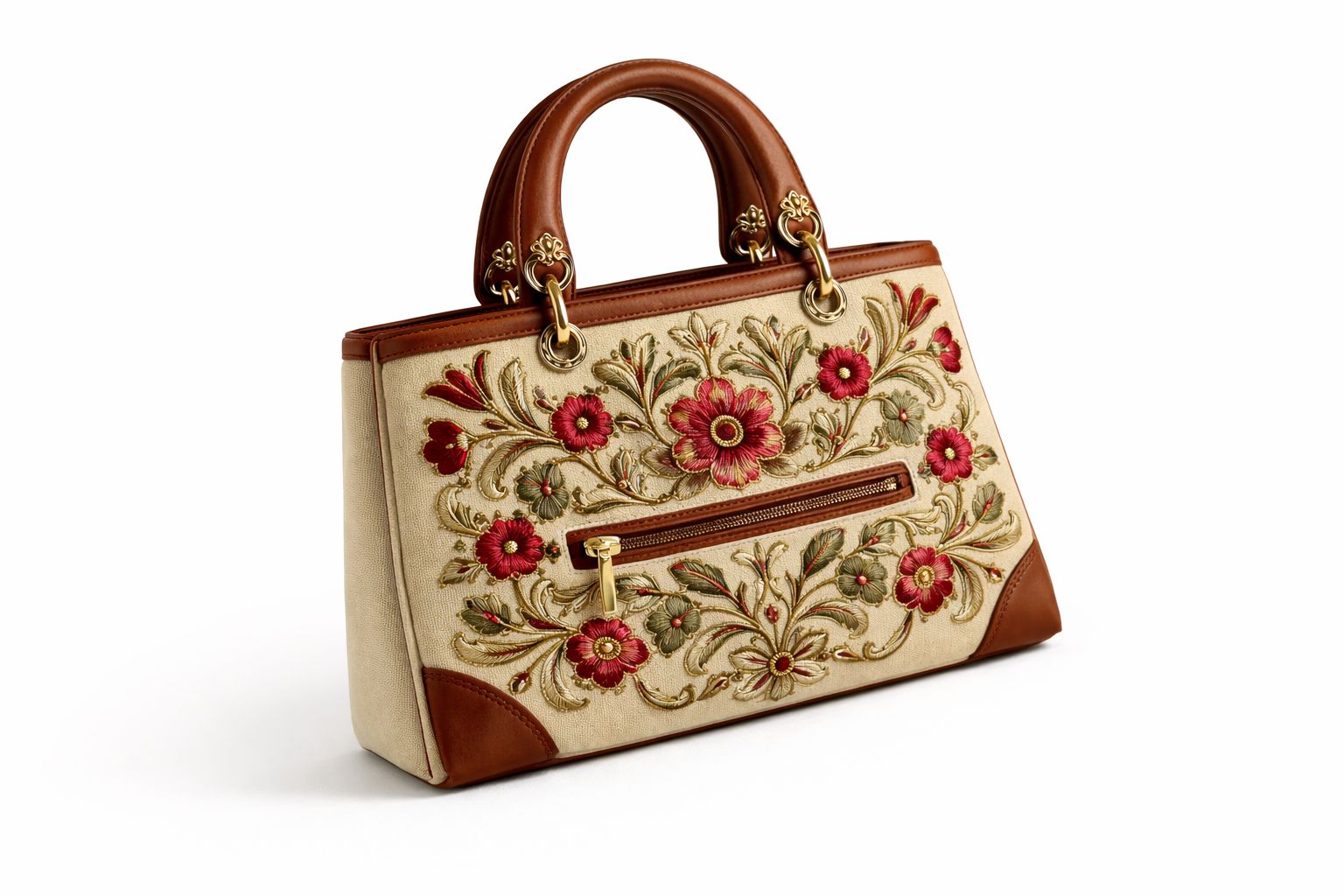 Elegant Embroidered Floral Beige & Brown Handbag