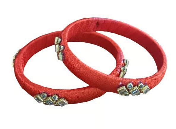 Vibrant Red Silk Thread Bangles with Stone Embellishments 