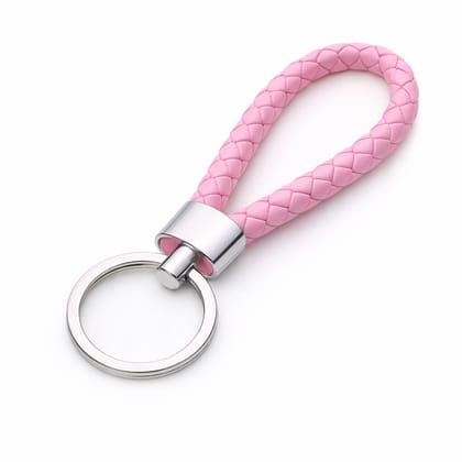 Braided Leather Keychain Set – Pink Woven PU Leather Key Rings with 360° Rotatable Ring for Car, Bike & Home Keys (Pack of 2)