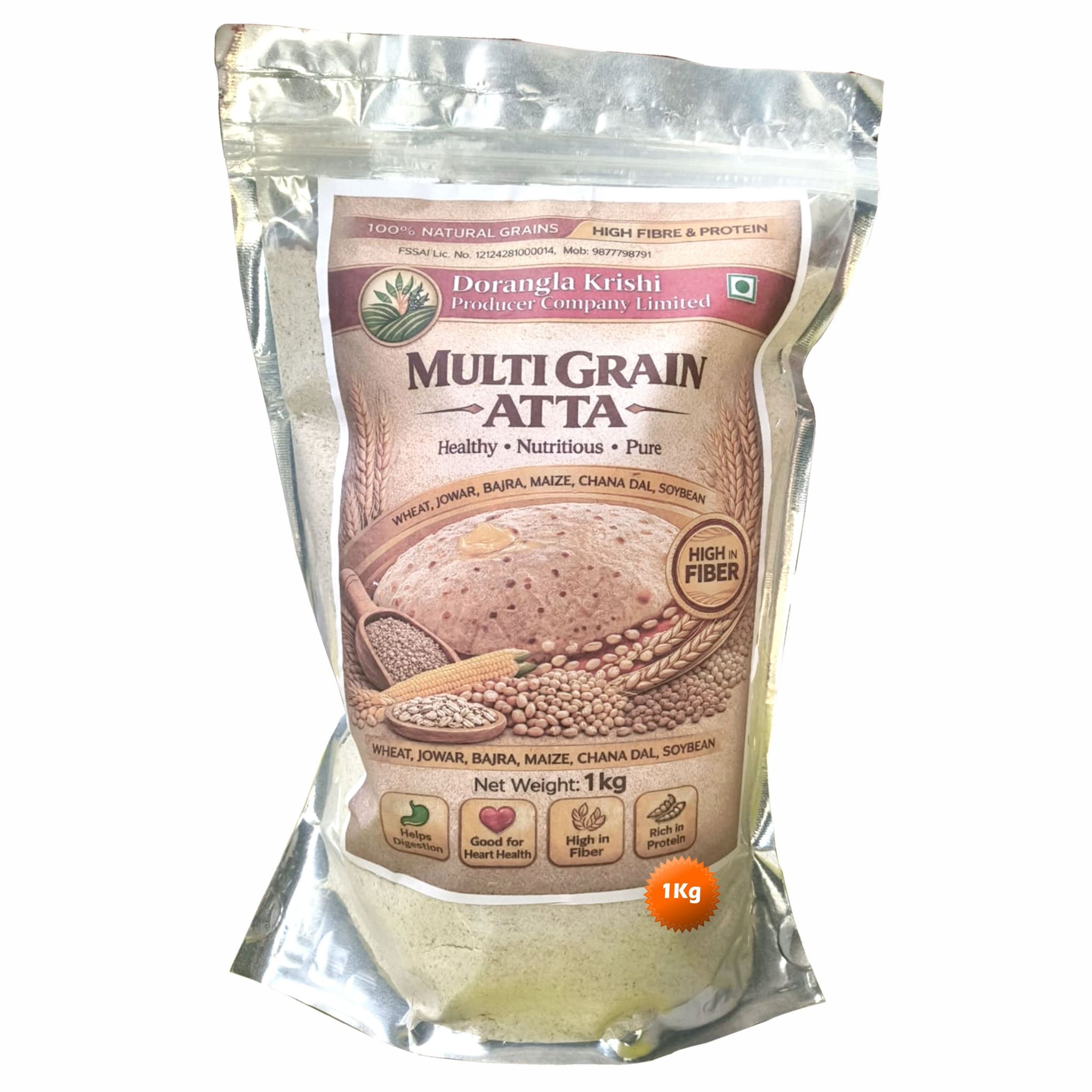 Multi Grain Atta 1 Kg by Dorangla Krishi Producer Company – Pure, Natural & Farm-Fresh Multi Grain Atta for Daily Cooking. 
