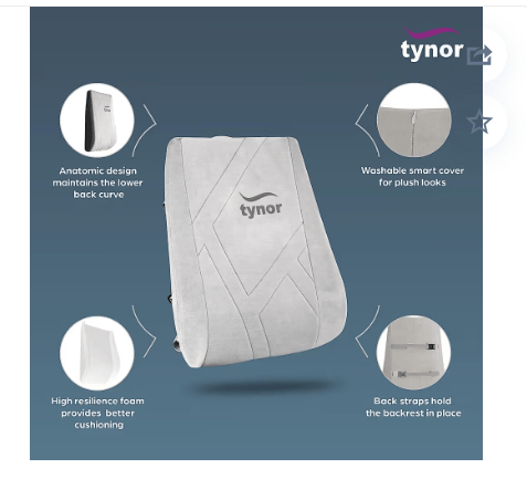 Tynor Back Rest Ergonomic Lumbar Back Support Cushion for Office Chair & Car Seat - Light Grey