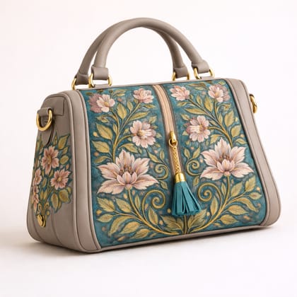 Elegant Botanical Print Handbag with Teal Tassel & Gold Hardware