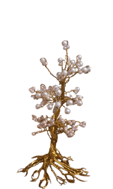 Golden Wire Tree with Pearl Beads Decorative Sculpture