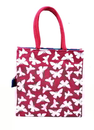 Butterfly Print Dark Pink Jute Handbag