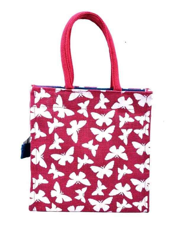 Butterfly Print Dark Pink Jute Handbag