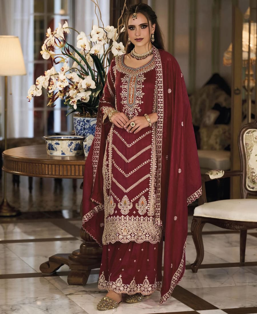 Maroon Chinon Straight Suit for Women