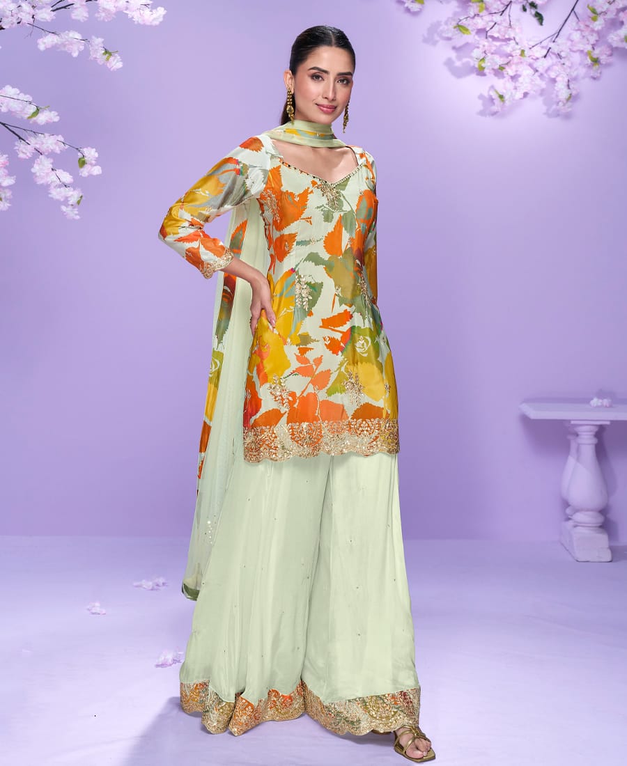 Floral Printed Elegant White Chinon Suit for Women