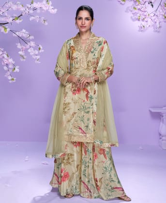 Floral Printed Elegant Beige Chinon Suit for Women