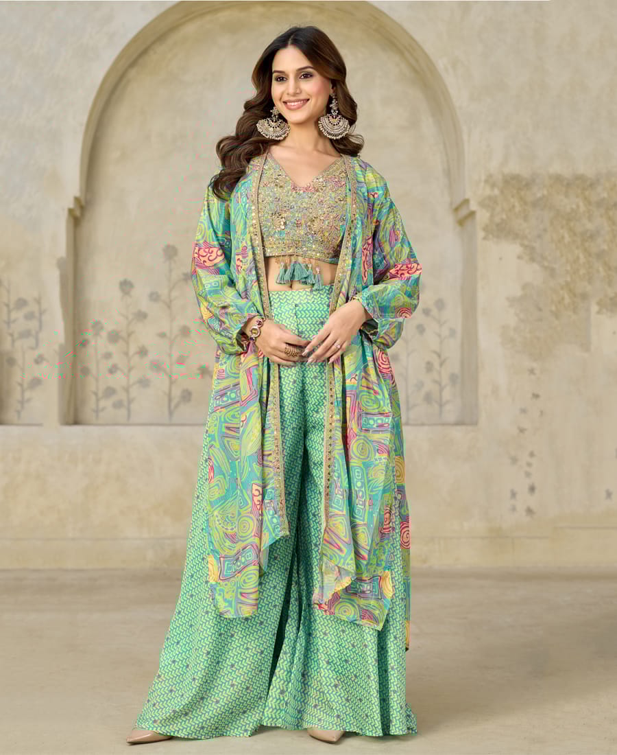 New Printed Chinon Co-ord Set for Women (Party Wear, Sky Blue)