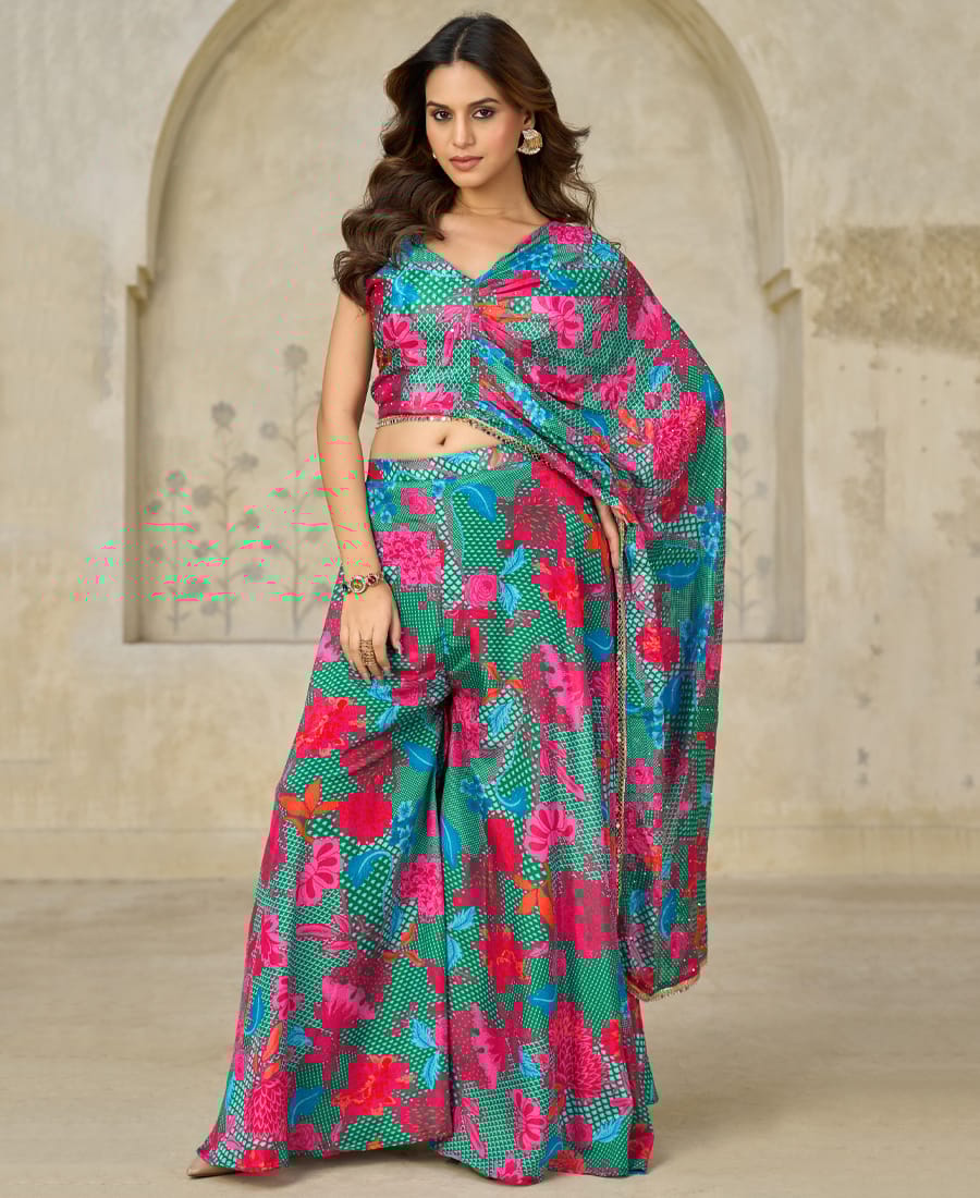 New Printed Chinon Co-ord Set for Women (Party Wear,Green)