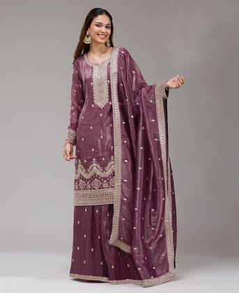 Pakistani Style Magenta Gold Crush Palazzo Suit for Women