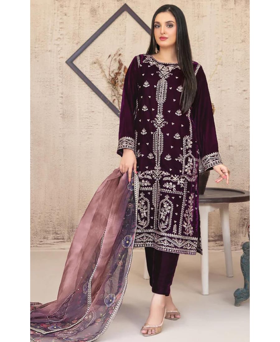 Winter Special Wine Velvet Straight Suit for Women