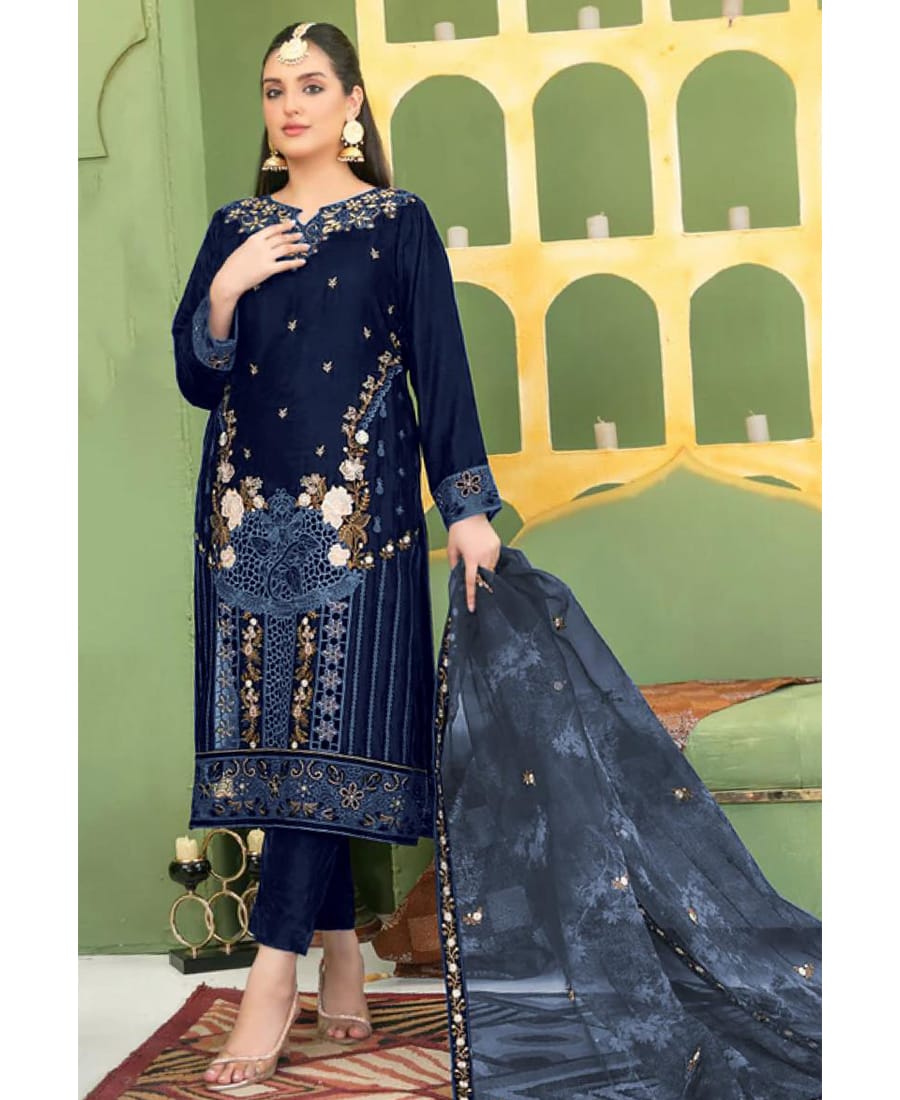Designer Blue Velvet Pakistani Straight Suit for Women Wedding Wear