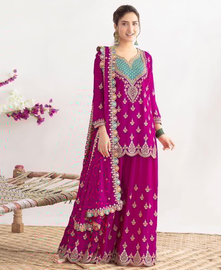 Premium Magenta Chinon Palazzo Suit for Women Wear