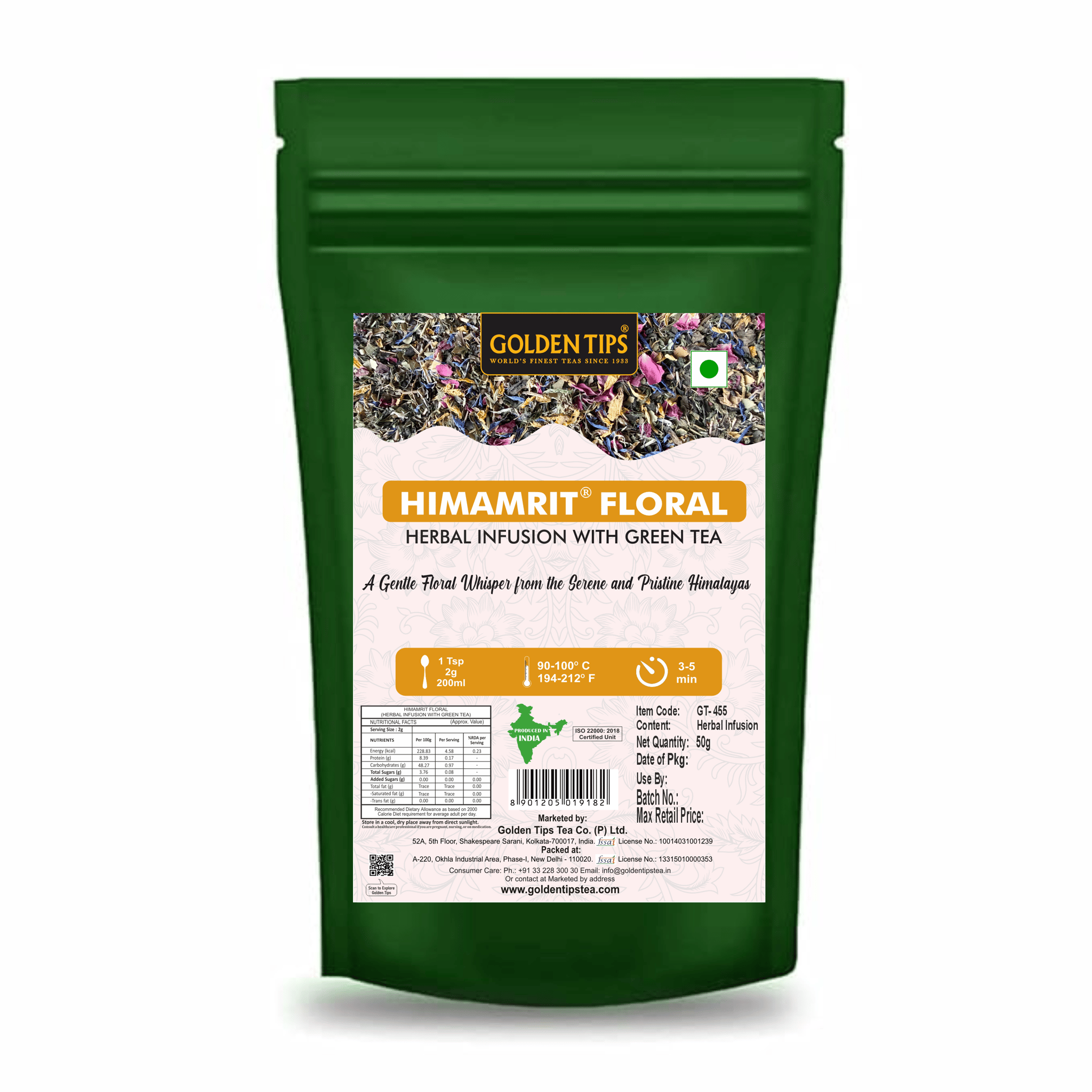Golden Tips Himamrit® Floral Herbal Infusion with Green Tea Himalayan Herbal Blend with Rose, Blue Cornflower & Marigold, Light, Refreshing & Aromatic Tea, 50g