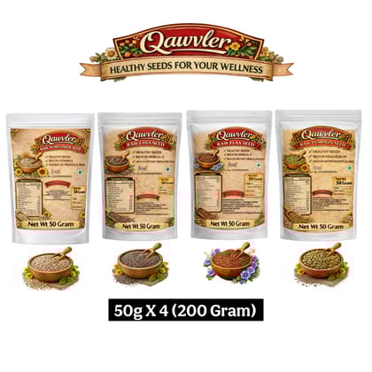 Qawvler 4-in-1 Raw | Seeds Combo | Chia Seed | Flax Seed | Sunflower Seed | Pumpkin Seed | High Fiber & Protein 50g x 4 | (200 Gram)