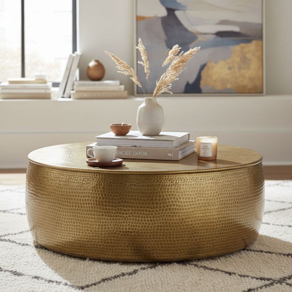 Wooden Hammer Brass Round Coffee Table-Side Table