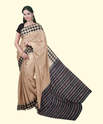 Beige Black Sambalpuri Handwoven Single Ikat Cotton Saree SFCSAR1993