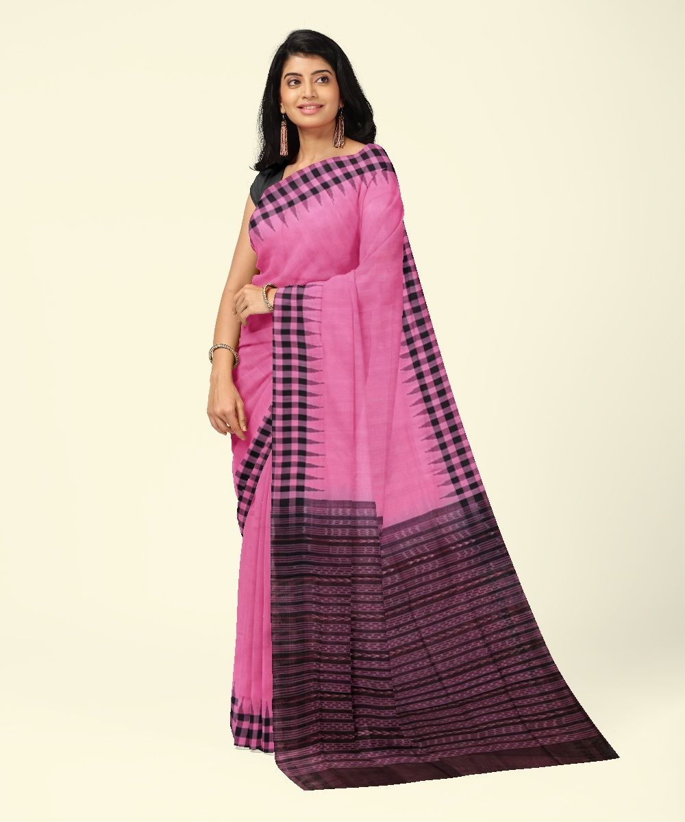 Pink Black Sambalpuri Handwoven Single Ikat Cotton Saree SFCSAR1994