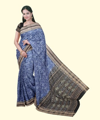 Blue Black Sambalpuri Handwoven Single Ikat Cotton Saree SFCSAR2017