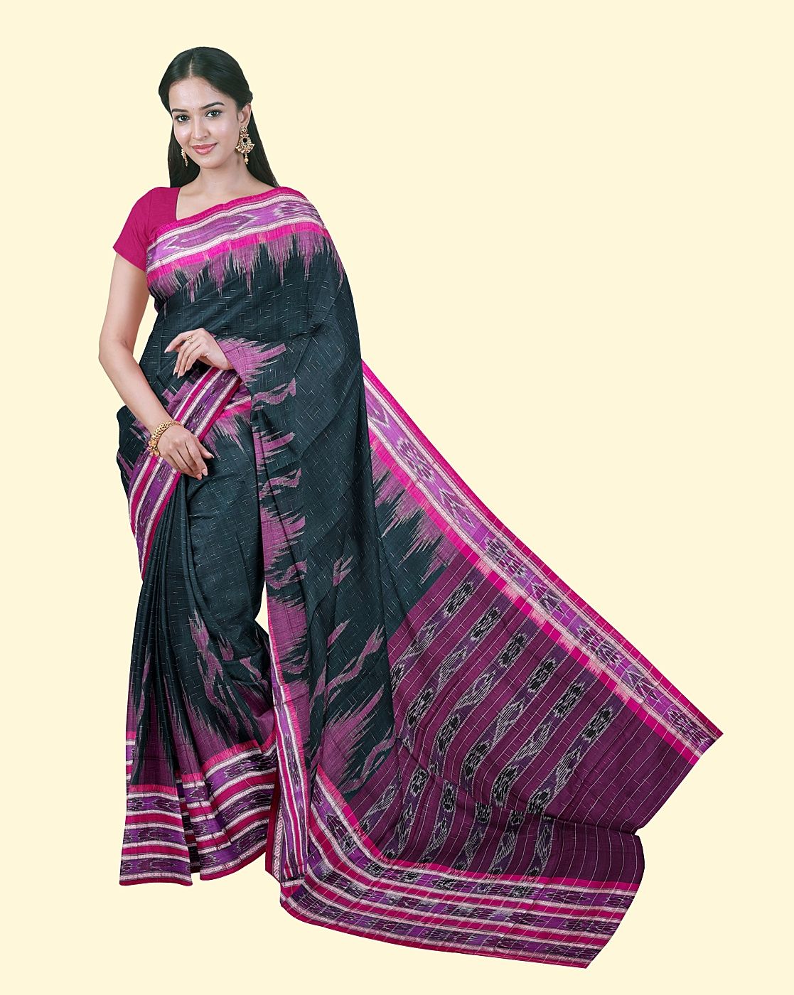 Green Pink Sambalpuri Handwoven Single Ikat Cotton Saree SFCSARAJ1126