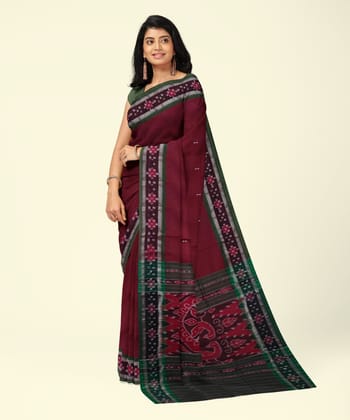 Maroon Green Sambalpuri Handwoven Single Ikat Cotton Saree SFCSAR2192