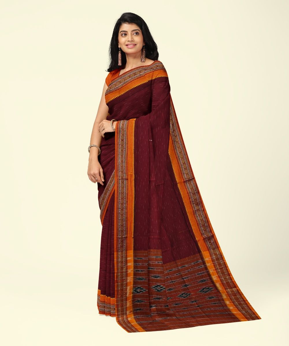 Maroon Orange Sambalpuri Handwoven Single Ikat Cotton Saree SFCSAR2201