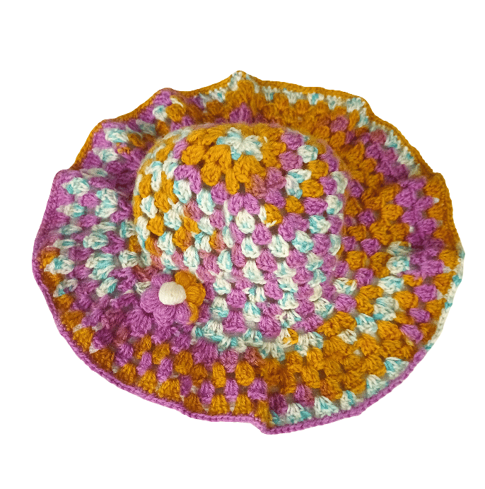 Handmade Crochet Sun Hat with Flower Button – Multicolor