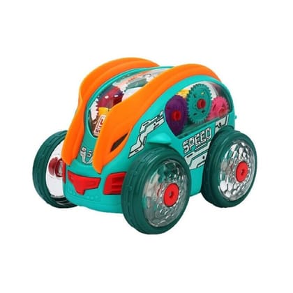 KTRS Enterprise Gear Powered Car with Led Lights, 3D Stunt Car Toy with Flashing LED Lights 360° Rotating Gear Toy Car with Music, Bump and Go Toy Cars Light Up Toy Cars for Kids