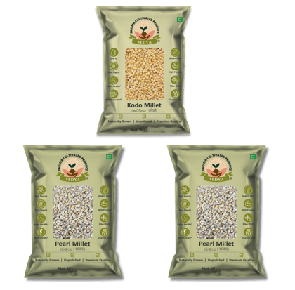 Sedya Three Millet Combo Whole Grains | Kodo Millet 500 g & Pearl Millet 500 g, 2 Packs | Certified Low GI | Varagu, Sajje | Gluten Free | Unpolished, Toasted, No Soaking Required | High Plant Protein & Fibre | Total 1.5 Kg
