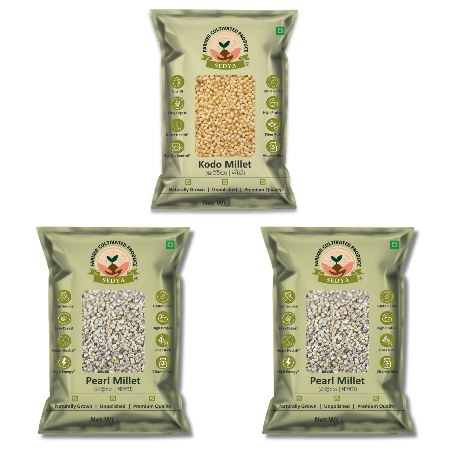 Sedya Three Millet Combo Whole Grains | Kodo Millet 500 g & Pearl Millet 500 g, 2 Packs | Certified Low GI | Varagu, Sajje | Gluten Free | Unpolished, Toasted, No Soaking Required | High Plant Protein & Fibre | Total 1.5 Kg