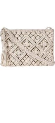 Handmade Macrame Sling Bag for Women - Beige Bohemian Crossbody Purse with Tassels