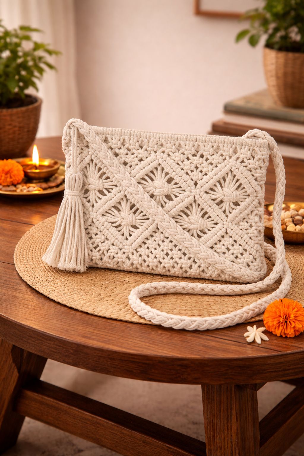 Handmade Macrame Sling Bag for Women - Beige Bohemian Crossbody Purse with Tassels