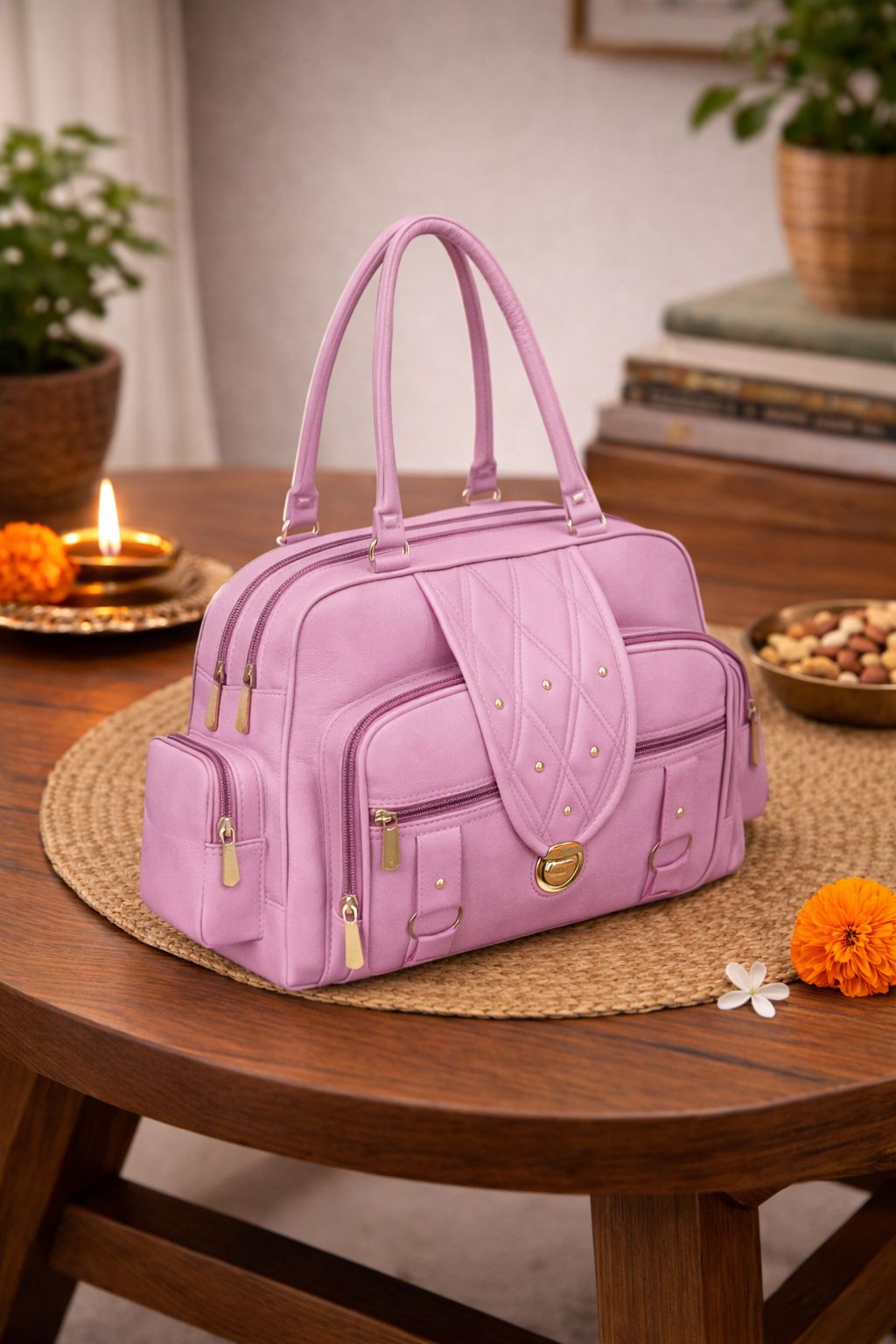 Stylish Light Purple Faux Leather Women's Fashion Handbag with Studded Flap & Multiple Pockets