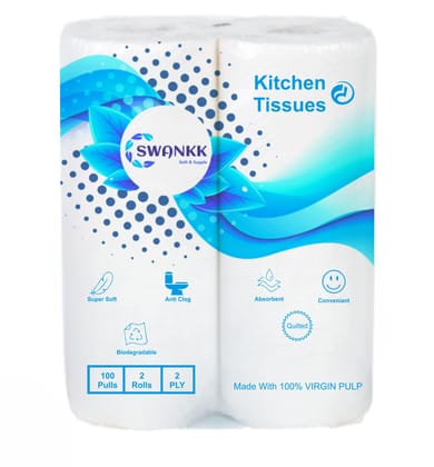 Swankk Kitchen Tissue Rolls, 2Ply, Virgin, 100Pulls Per Roll (Pack of 2 Rolls)