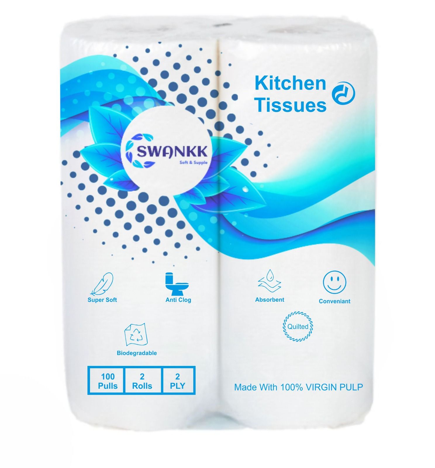 Swankk Kitchen Tissue Rolls, 2Ply, Virgin, 100Pulls Per Roll (Pack of 2 Rolls)