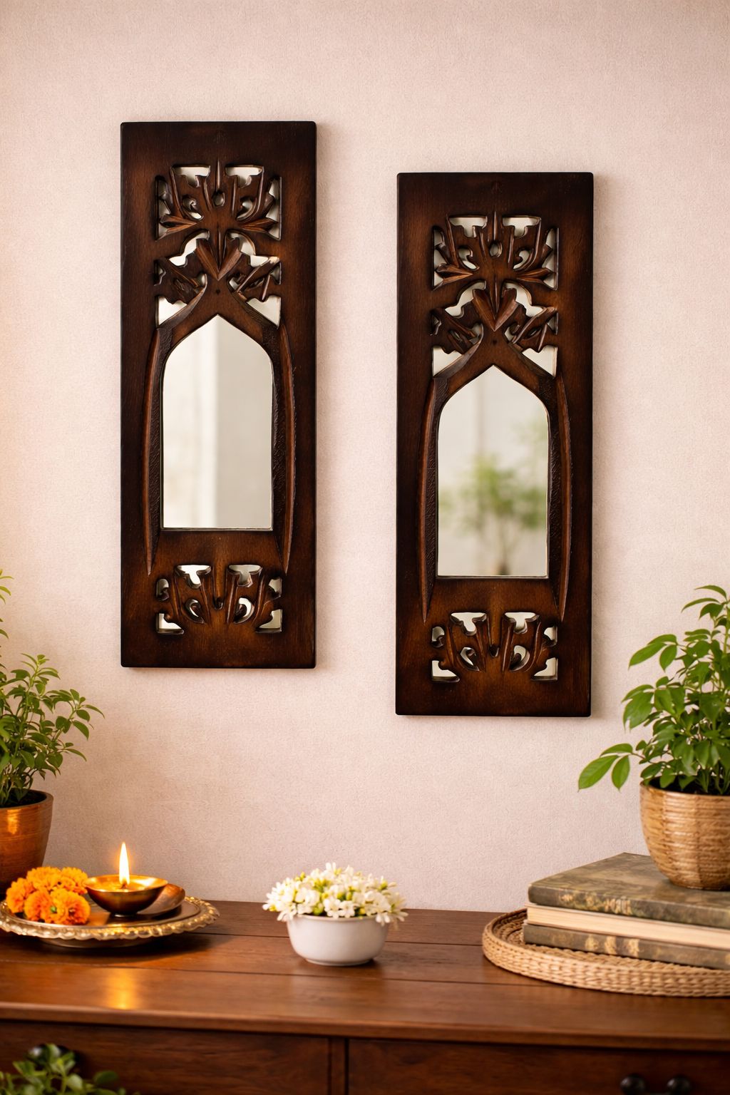 Intricately Carved Wooden Rectangular Mirror Panel Set (Set of 2)