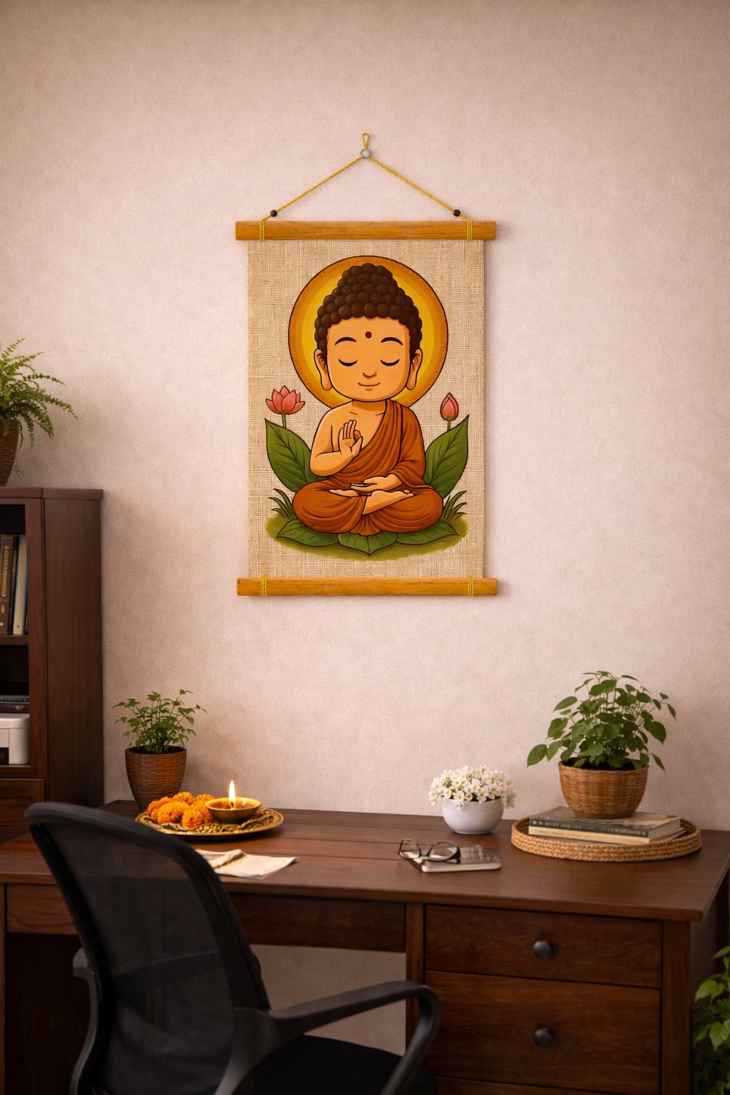 Baby Buddha Meditating Canvas Wall Hanging with Lotus Flowers