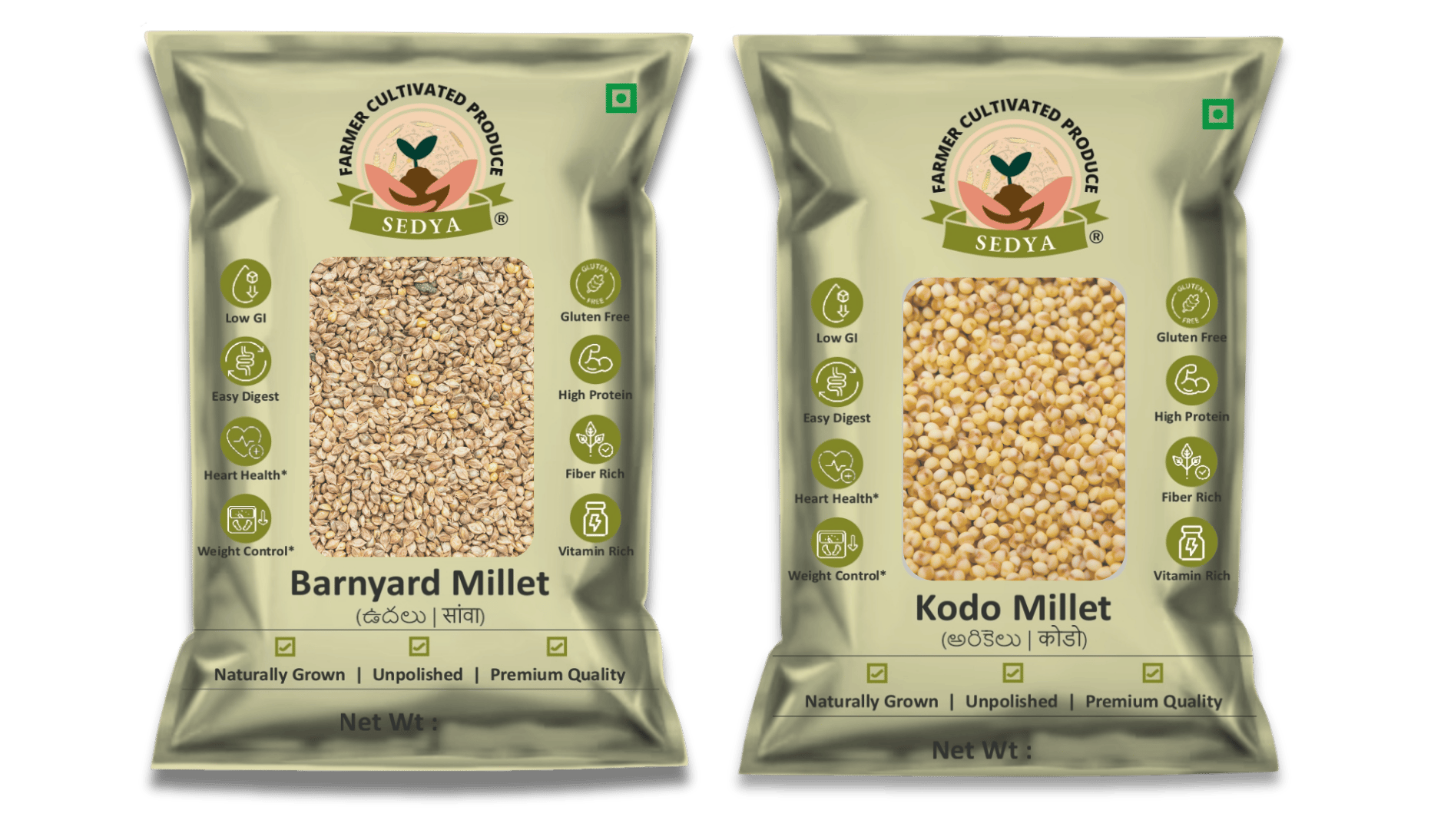 Sedya Two Millet Combo Whole Grains | Barnyard & Kodo Millet | Certified Low GI | Udalu / Varagu | Gluten Free | Unpolished, Toasted, No Soaking Required | High Plant Protein & Fibre | Total 1 Kg (500 g Each Pack)