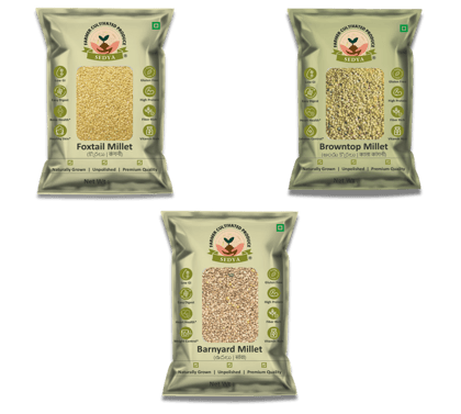Sedya Three Millet Combo Whole Grains | Foxtail, Browntop & Barnyard Millet | Certified Low GI | Korralu / Korale / Udalu | Gluten Free | Unpolished, Toasted, No Soaking Required | High Plant Protein & Fibre | 1.5 Kg Pack 