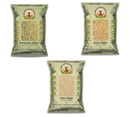 Sedya Three Millet Combo Whole Grains | Browntop, Kodo & Little Millet | Certified Low GI | Korale / Varagu / Samai | Gluten Free | Unpolished, Toasted, No Soaking Required | High Plant Protein & Fibre | Total 1.5 Kg (500 g Each Pack) 