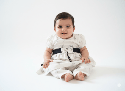 Infant White Butterfly Print Cotton Top & Pants Set with Black Bow
