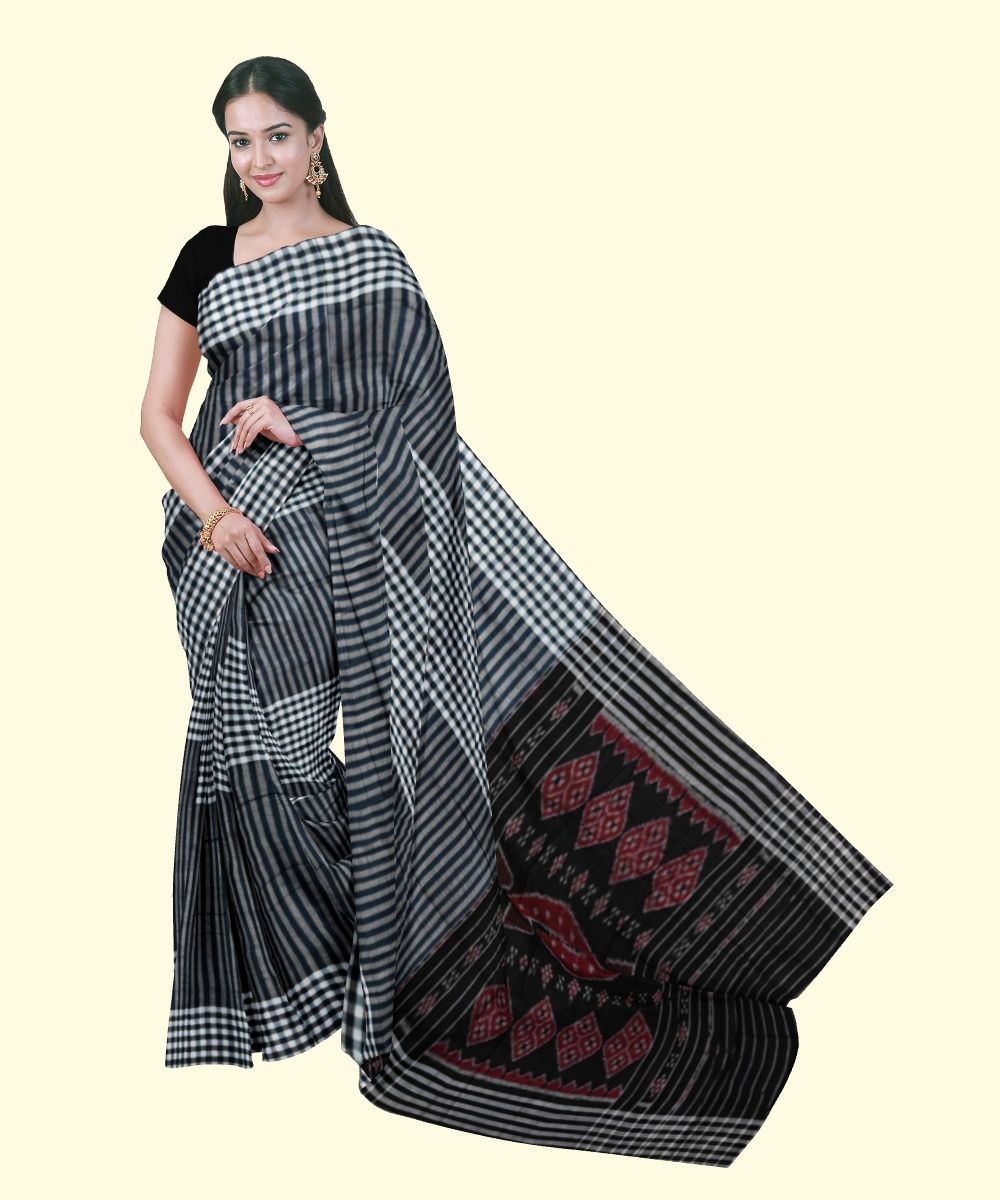 Grey Black Sambalpuri Handwoven Single Ikat Cotton Saree SFCSAR2202