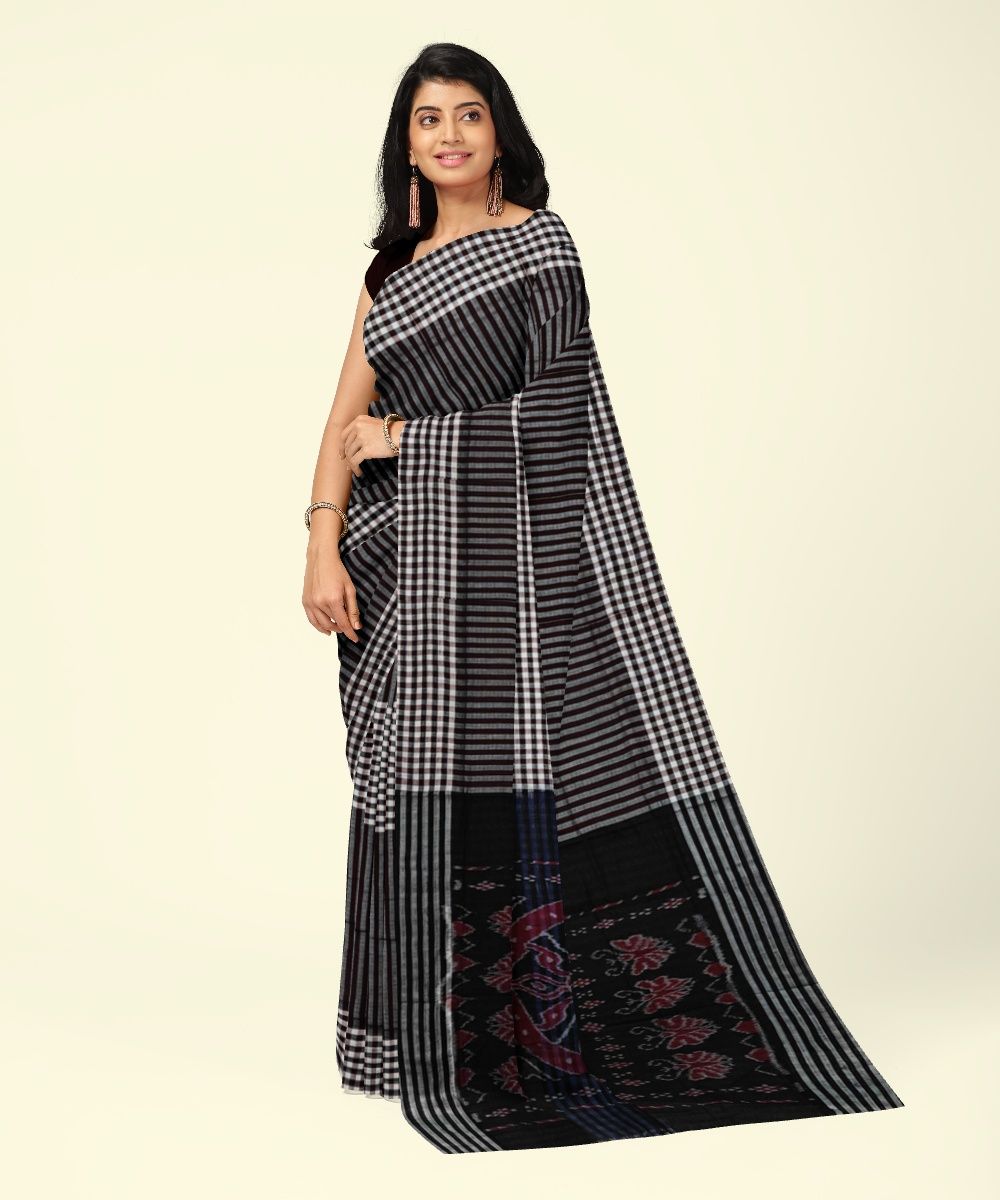 Maroon Black Sambalpuri Handwoven Single Ikat Cotton Saree SFCSAR2203