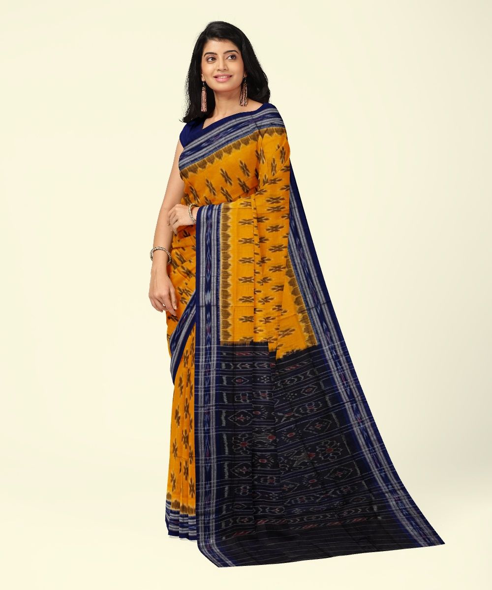 Yellow Black Sambalpuri Handwoven Single Ikat Cotton Saree SFCSAR2207