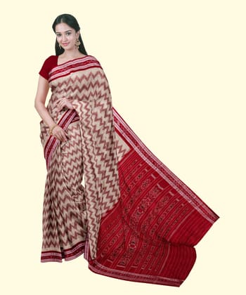 Beige Red Sambalpuri Handwoven Single Ikat Cotton Saree SFCSAR2208
