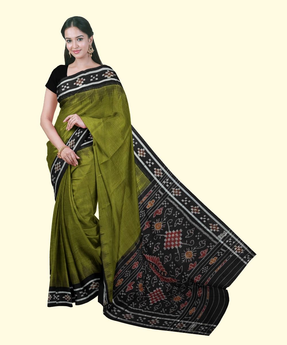 Olive Black Sambalpuri Handwoven Single Ikat Cotton Saree SFCSAR2214